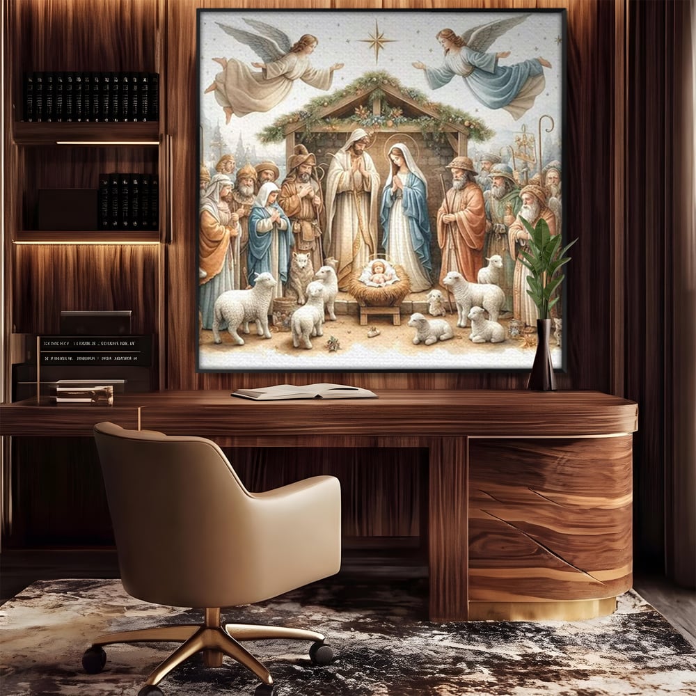 Tablou canvas cu ilustratie religioasa cu scena nasterii domnului, in rama de aluminiu negru, pe perete intr-un birou